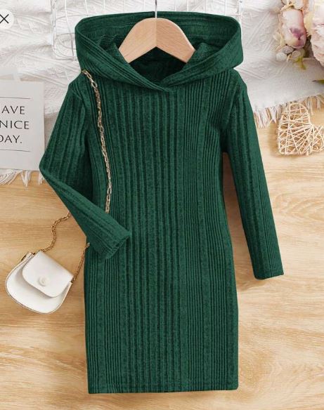 Shein Tween Girls' Solid Color Loose Fit Hooded Long Sleeve Casual Dress, 9T */