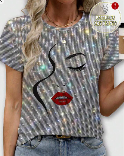 Shein Artistic Human Face Line Print Round Neck Short Sleeve T-Shirt, S +