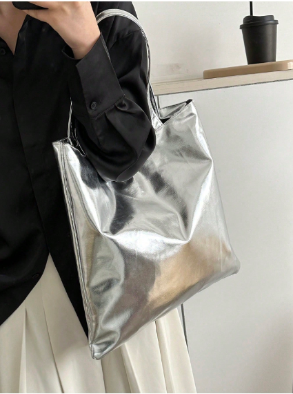 Shein Women's Glossy Minimalist Large PU Leather Shoulder Tote Bag >