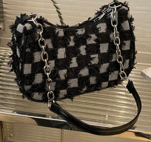 Shein 1pc Black Denim Zipper Plaid Patchwork Shoulder Strap Fashion Crossbody Bag, -.