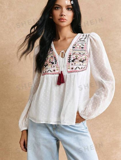 Shein Embroidery Fringe Detail Peplum Blouse, L /