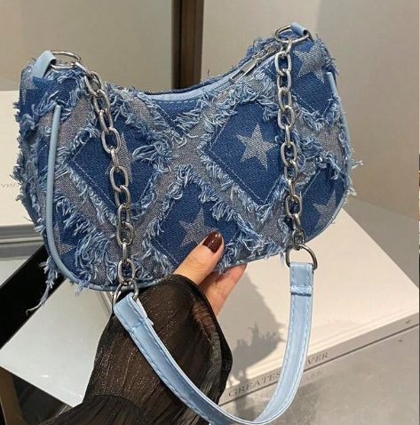 Shein 1pc Blue Denim Zip-Up Five-Pointed Star Print bag  +