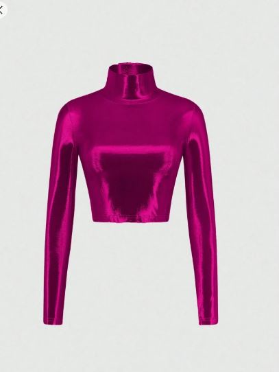 Shein Glossy Coated Turtleneck Long Sleeve Skinny T-Shirt +