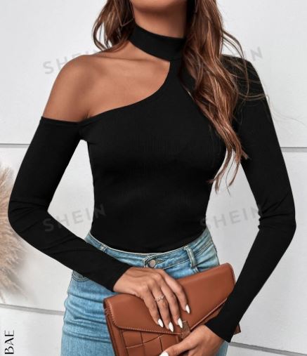 Shein Asymmetrical Neck Ribbed Knit Tee, L /