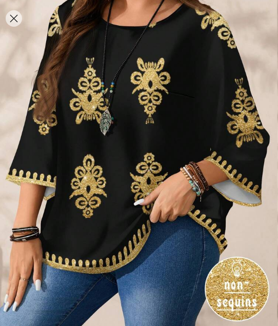 Shein Plus Size Women Floral Print Round Neck 3/4 Sleeve Blouse, 3XL +