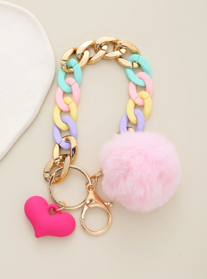 Shein Cute Pom Pom & Heart Charm Keychain -.