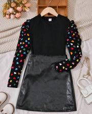 Shein Tween Girl Heart Print Puff Sleeve Tee & PU Leather Skirt, 12T +