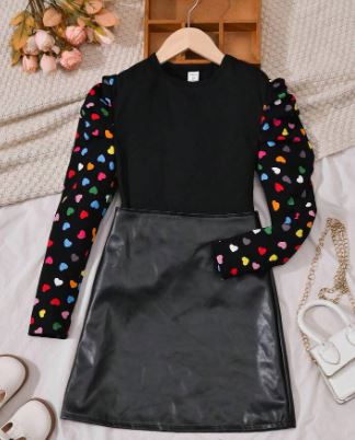 Shein Tween Girl Heart Print Puff Sleeve Tee & PU Leather Skirt, 12T +