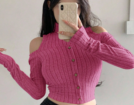 Shein Women's Slim Fit Brushed Off-Shoulder Long Sleeve Single-Breasted T-Shirt, L -.