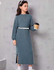 Shein Girls' Vintage Loose Fit Round Neck Ribbed Drop Shoulder Side Split Maxi Dress, 12T -.