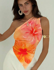 Shein Minimalist Asymmetric Shoulder Ruffle Hibiscus Tie Dye Print Blouse, L +