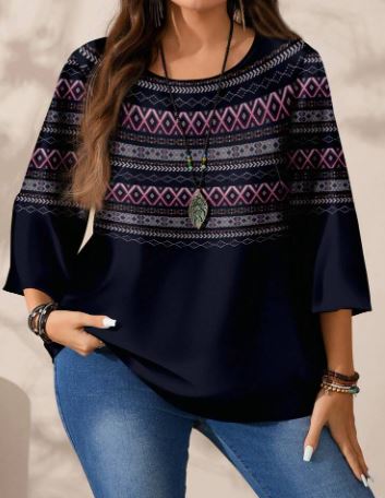 Shein Size Casual Minimalist Pattern Round Neck 3/4 Sleeve Shirt +