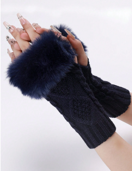 Shein 1 Pair Of Khaki Short Knitted Fingerless Gloves, Navy /