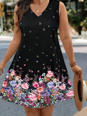 Shein Plus Size Women Floral Print V-Neck Sleeveless Loose Casual Dress >