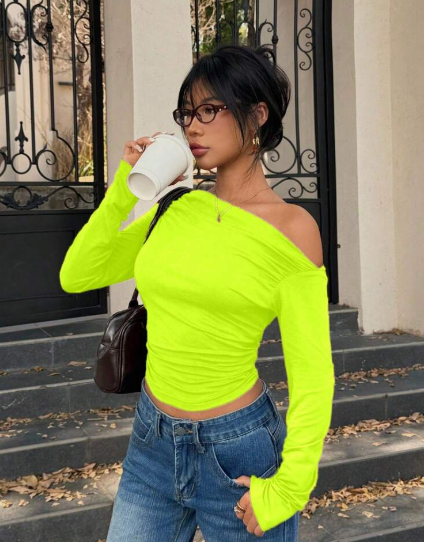 Shein Asymmetric Neckline Ruched Fitted Cropped T-Shirt, Neon Green, XL +