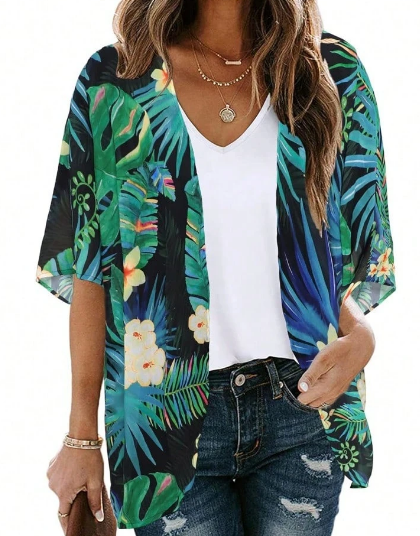 Shein Women's Floral Print Puff Sleeve Kimono Cardigan Loose Cover Up +
