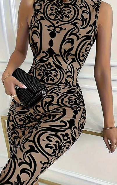 Shein Retro Print Mock Neck Slim Fit Mid-Calf Bodycon Dress, M +