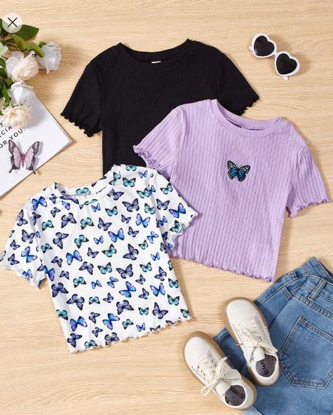 Shein 3pcs/Set Tween Girls' Casual Knitted Round Neck Short Sleeve Tops, 12T /