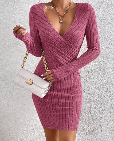 Shein Frenchy Surplice Neck Ribbed Knit Bodycon Dress, L /