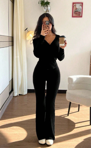 Shein 2pcs/Set Casual Hooded Sweatshirt With Pockets & Ribbed Knit Flare Pants, S -.