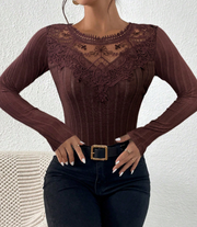 SHEIN Frenchy  Contrast Lace Round Neck Ribbed Slim Fit  T-Shirt L-.