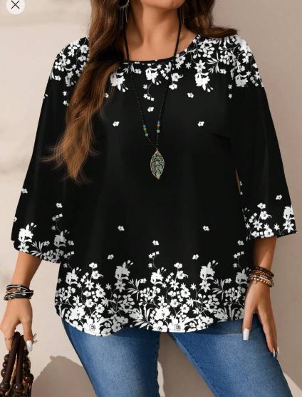 Shein Plus Size Casual Full Print Round Neck Loose 3/4 Sleeve Blouse,  +