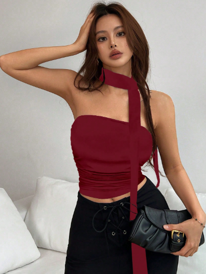 Shein Leopard Print Pleated Bandeau Top With Scarf, M -.