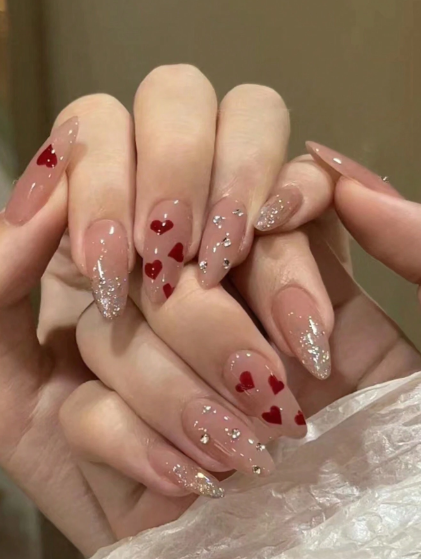 Shein Red Heart & Glitter With Rhinestones Design Full Cover False Nails Set>