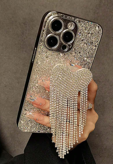 Luxury Electroplated Glitter & Rhinestone Heart Tassel Compatible With Iphone>