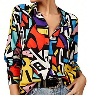 Shein Women's Classic Collar Long Sleeve Printed Shirt, XL +