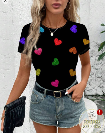 Shein Minimalist Glitter Heart Graphic Women Crew Neck Slim Fit Short Sleeve T-Shirt, S +