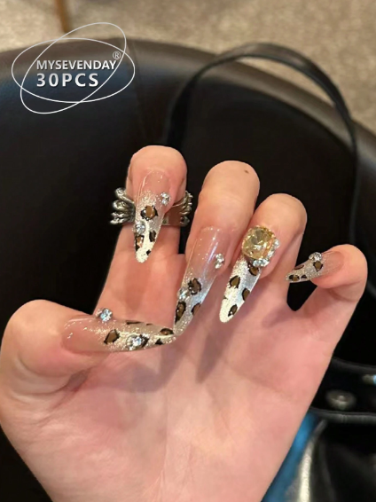 Shein 30pcs Long Water Drop Shaped Press-On False Nails, Leopard Print