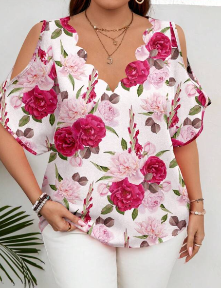 Shein Plus Size Summer Elegant Floral Print Off Shoulder Dressy Blouse, 0XL +