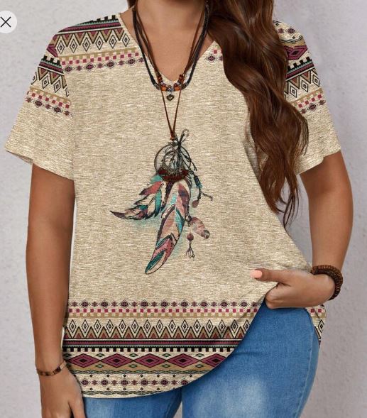 Shein Plus Size Women Feather Print Casual Loose Short Sleeve T-Shirt, 3XL +