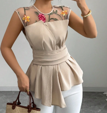Shein Crew Neck Sleeveless Crinkle Texture Waist Cinched Women Blouse, L +