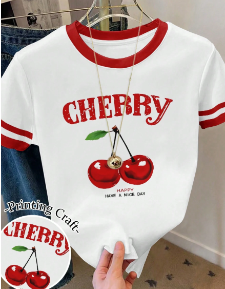 Shein Women's Cherry Print Graphic Loose Casual Strip Round Neck T-Shirt, M >
