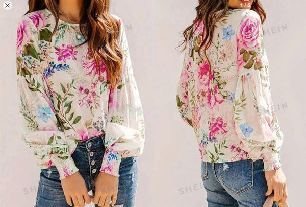 Shein Sheer Round Neck Lantern Sleeve Floral Print Loose Elegant Blouse, L /