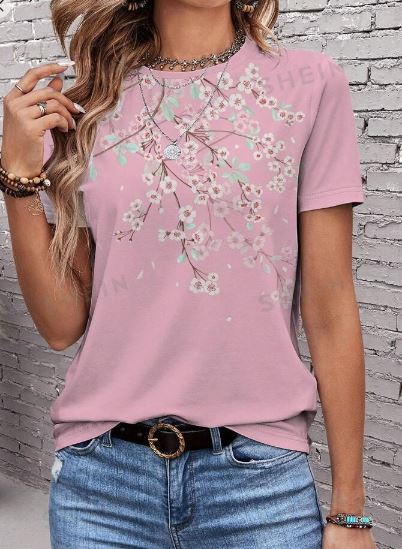 Shein Pink Floral Print Short Sleeve Bodysuit T-Shirt For Women, XL /