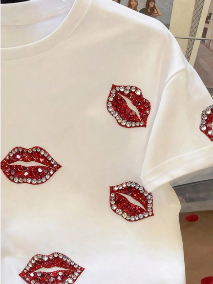Shein Lip Print Casual Round Neck Short Sleeve T-Shirt  -.