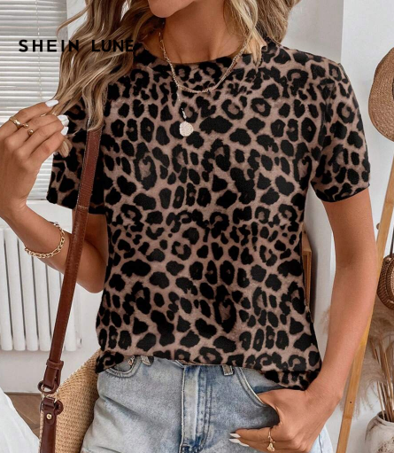 Shein Leopard Print Round Neck Short Sleeve Loose T-Shirt, L +