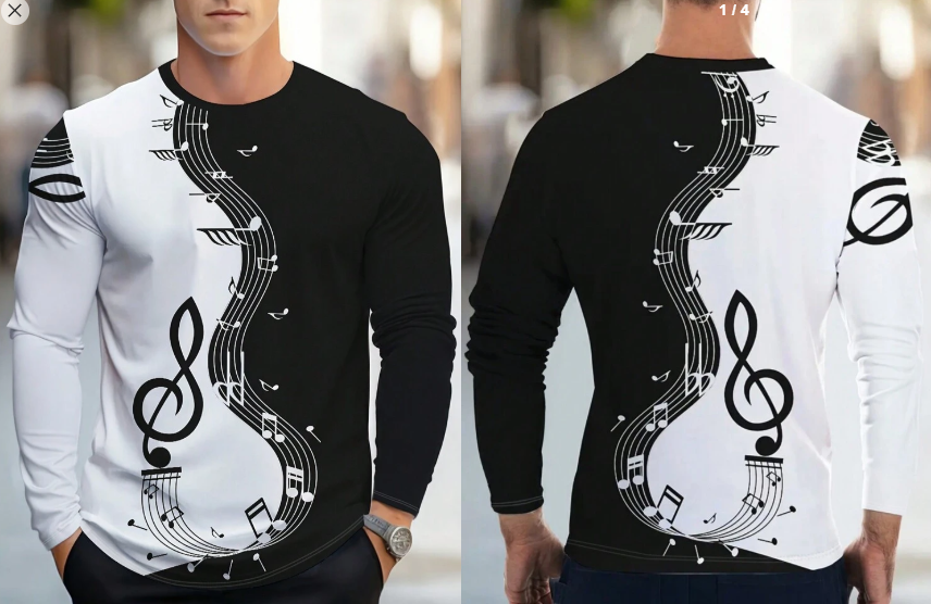 Shein Men's Casual Musical Note Print Round Neck Long Sleeve T-Shirt, XL>