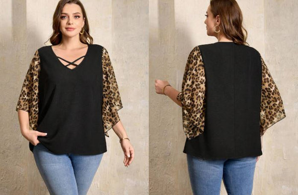 Shein Plus Size Leopard Print Patchwork Casual Vacation Shirt +