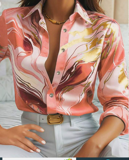 Shein 1pc Women's Full-Print Button Front Long Sleeve Elegant Blouse, XL +