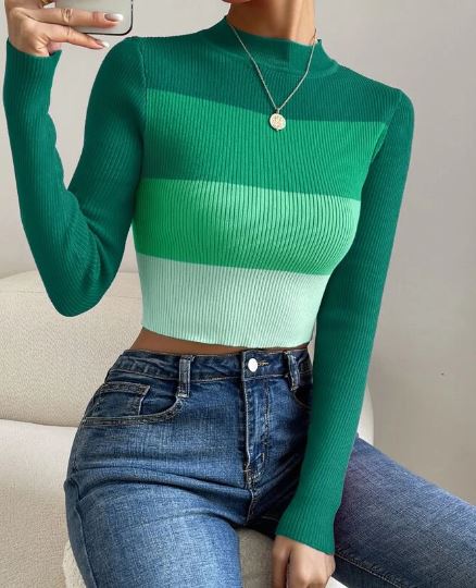 Shein Color Block Mock Neck Crop Sweater, L */