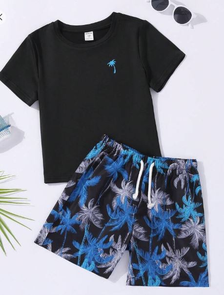 Shein Young Boy Coconut Tree Print Tee & Drawstring Waist Shorts, 7T +