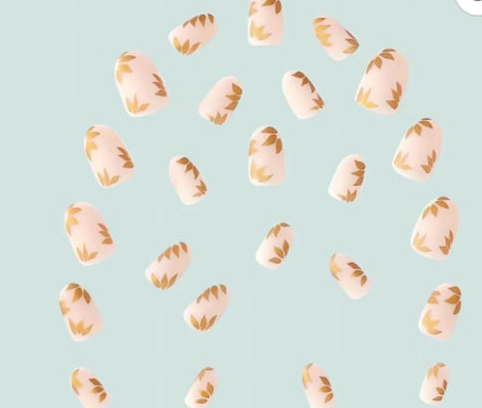 Shein Trendy Gold Leaf Pink Almond Press-On Nails +