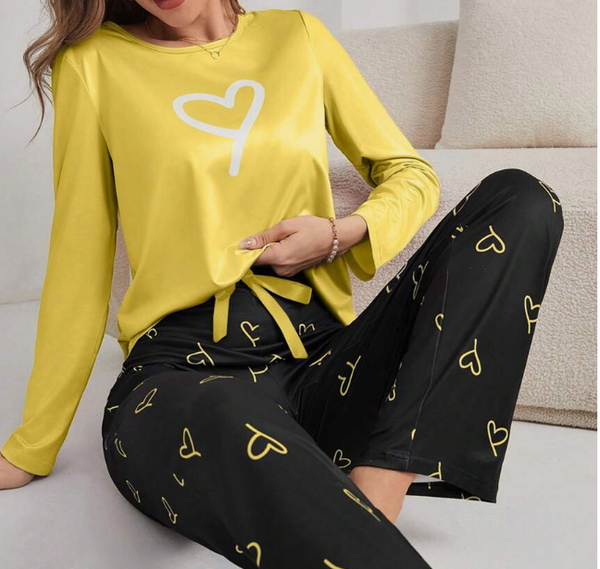 Shein Heart Pattern Women Crew Neck Long Sleeve Top And Pants Pajama Set, XL +
