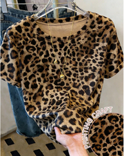 Shein Women's Leopard Print Short Sleeve Casual Versatile Round Neck T-Shirt -.