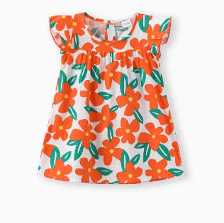 Pat pat 100% Cotton Baby Girl All Over Floral Print Flutter-sleeve Loose-fit Dress, 2-3T +