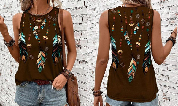 Shein Feather Printed Round Neck Sleeveless Casual Tank Top /